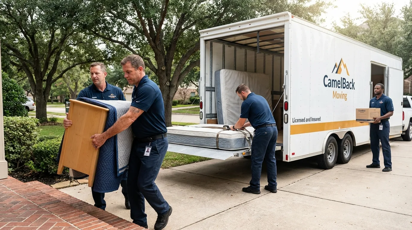 Crew loading residential truck for cross-state move from Olivia, MN
