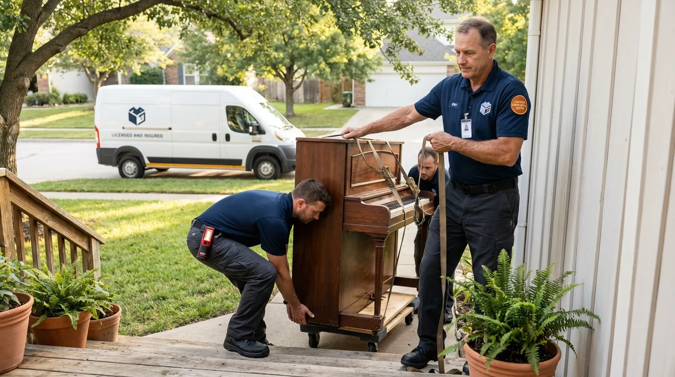 Licensed piano movers securing grand piano in Olivia, MN